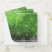 Festive Green Foil Snowflakes Monogram Name Pocket Folder
