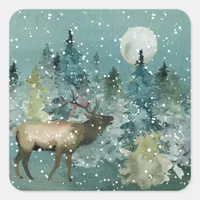 Majestic Elk in Forest Full Moon Snowfall Square Sticker