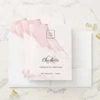 Blush pink marble name QR code logo business Pocket Folder