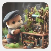 Adorable Steampunk Otter Works on Machinery Square Sticker