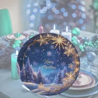 Magical Christmas time - golden snowflakes on blue Paper Plates