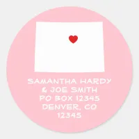 Red Heart on Pink and White Colorado Address Classic Round Sticker