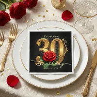 Elegant Black Gold Red Rose 30th Birthday Party Napkins