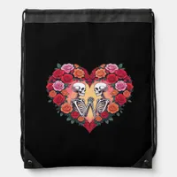Skeleton Couple Holding Hands Inside A Heart Of Ro Drawstring Bag