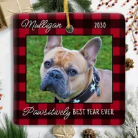 Cute Dog Red Red Plaid Christmas Custom Pet Photo  Ceramic Ornament