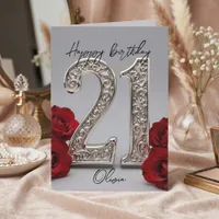 Elegant Red Rose Silver Filigree 21st Birthday Card