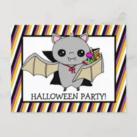 Halloween Party Invitation with Bat Holding Candy Postcard
