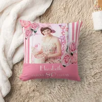 80th birthday pink white stripes floral photo throw pillow