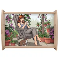 Pretty Woman Drinking Coffee, Her Dog and Plants Serving Tray