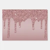 Luxury Rose Gold Sparkle Glam Glitter Drips Wrapping Paper Sheets