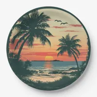 Vintage Sunset Beach Tropical Party Celebration Paper Plates