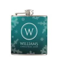 Festive Light Blue Foil Snowflakes Monogram Name Flask