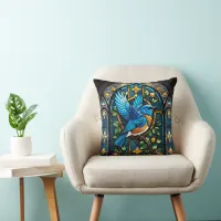 Singing Bluebird: Stained Glass Serenade Throw Pillow