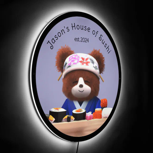 Cute Teddy Bear House of Sushi Chef LED Sign