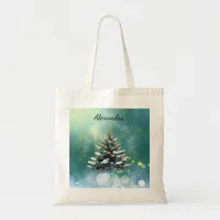 Beautiful Christmas Tree with Snow and Gold Lights Tote Bag