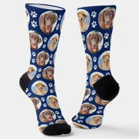 Custom Dog 2 Pet Photo Fun Blue Paw Prints Socks