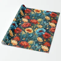 Beautiful Yellow Red Blue Flowers Botanical Print Wrapping Paper