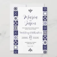 Mexican Talavera Majolica Navy Blue White Wedding Invitation