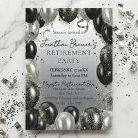 Elegant Black Silver Balloons Retirement Party Invitation