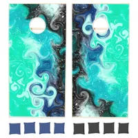 Teal, Black and Blue Fluid Swirls Marble Like Cornhole Set