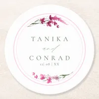 Wildflower Wedding Watercolor Names Fuchsia ID954 Round Paper Coaster