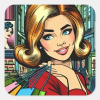 Retro Lady with Shopping Bags Mid Century Square Sticker