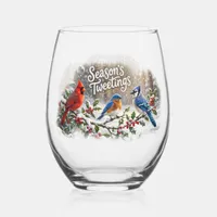 Season's Tweetings Colorful Birds on Snowy Holly Stemless Wine Glass