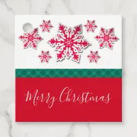 Merry Christmas Snowflakes & Green Plaid Ribbon Favor Tags