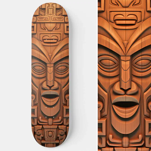 Hawaiian Totem Tiki Mask Wood Art Skateboard