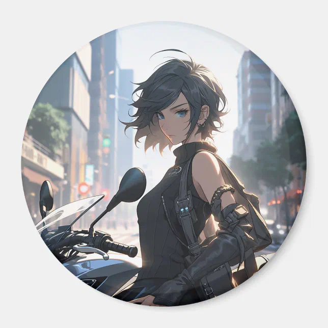 Anime woman biking downtown magnet