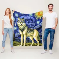 Beautiful Wolf in  the Starry Night Fleece Blanket