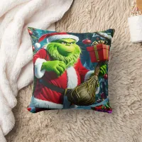 Grinch plots Christmas antics in winter Throw Pillow