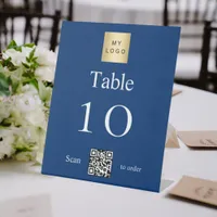 Navy blue white business logo QR code table number Pedestal Sign