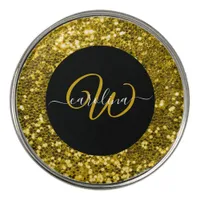 Stylish monogram gold glitter name black golf ball marker