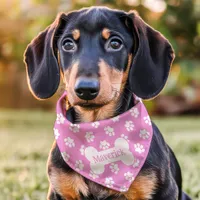 Pink And White Paw Print Dog Bone Custom Name Pet Bandana Collar