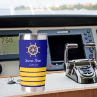 Navy blue boat name gold steering wheel stripes insulated tumbler