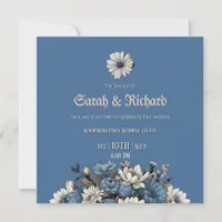 Elegant Denim & Navy Blue Floral Wedding Invitation