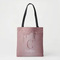 Chic Rose Gold Glitter Drips Monogram Tote Bag