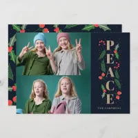 Navy Pine Holly Berries Gold Peace Multiple Photo Holiday Card