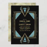 Chic Gatsby Art Deco Blue & Gold Rehearsal Dinner Invitation
