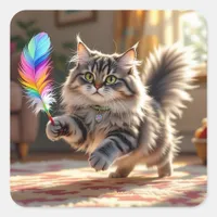 A Cute Fluffy Cat Chasing a Feather Square Sticker
