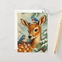 Adorable Vintage Christmas Fawn and Cute Birds Postcard