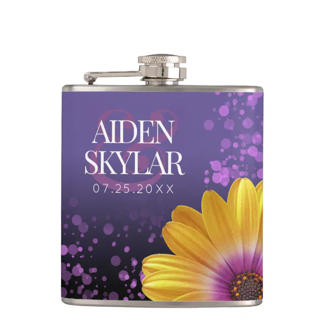 Elegant Golden Daisies with Purple Glitter Wedding Flask