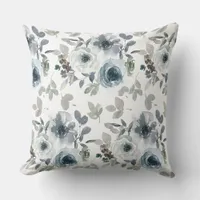 Grey and Blue Watercolor Flowers Throw Pillow