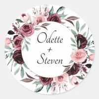 Botanical Burgundy and Blush Foliage Wedding Classic Round Sticker