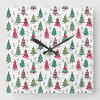 Quirky Whimsical Decorated Christmas Trees Doodles Square Wall Clock