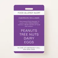 Food Allergy Medical Alert Emergency Contact Badge