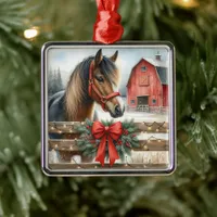 Festive Horse and Red Rustic Barn Christmas Metal Ornament