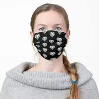 Black and White Filigree Hearts Adult Cloth Face Mask