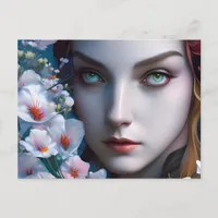Woman with a Blue and Green Eye and Flowers Postcard